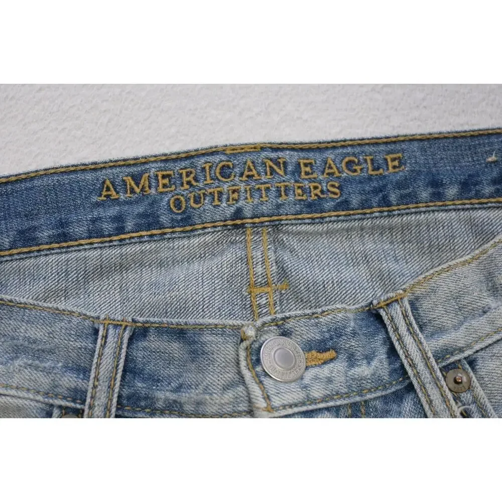 American Eagle Slim Straight Destroyed Rugged Light Blue‎ Jeans Mens Sz 32 x 34